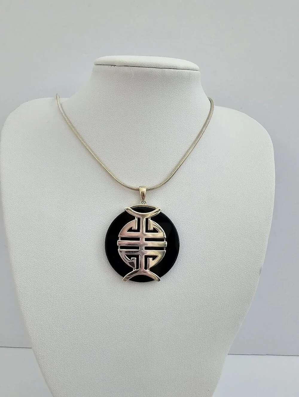 Italian Sterling Silver 925 Black Onyx Shou Character Pendant Necklace​